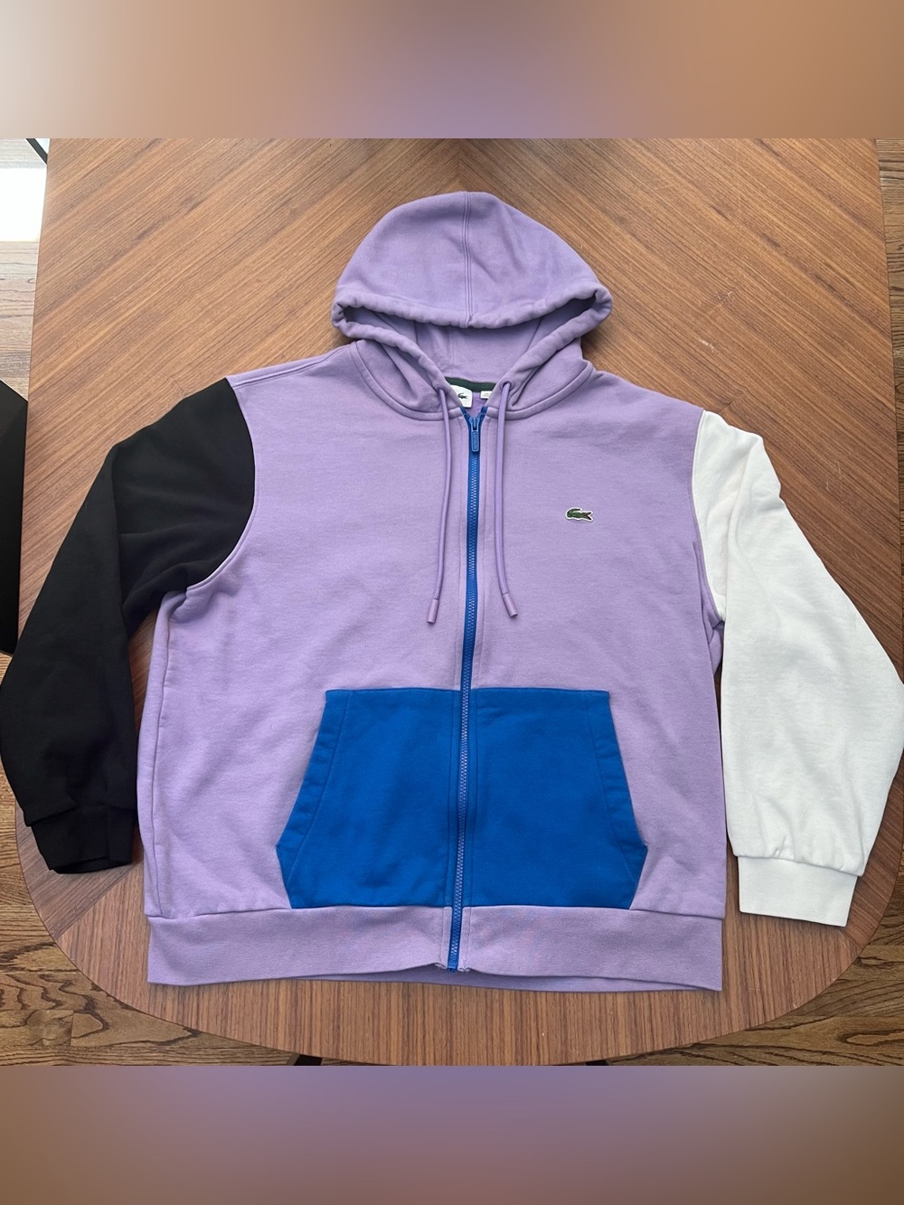 Lacoste Lavender Hoodie with Green Trim and White Label